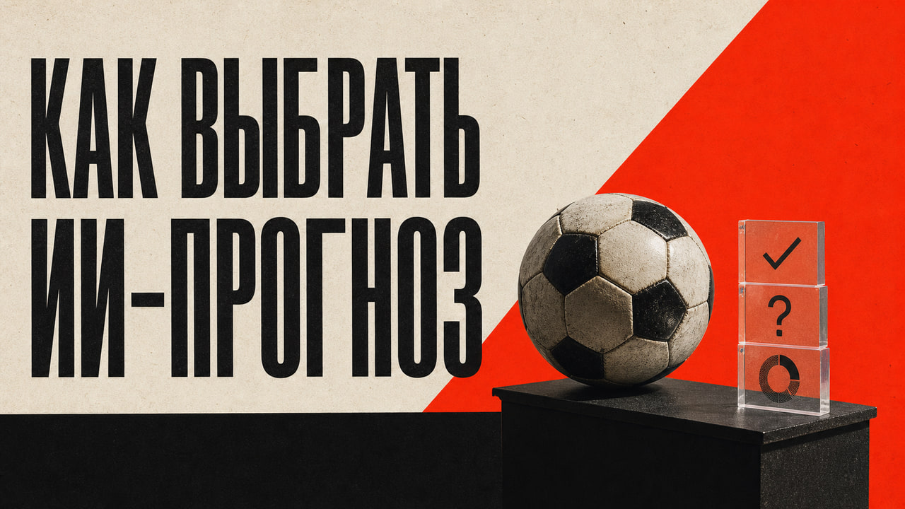 Редакционная обложка о выборе ИИ-прогноза с футбольным мячом и знаками проверки