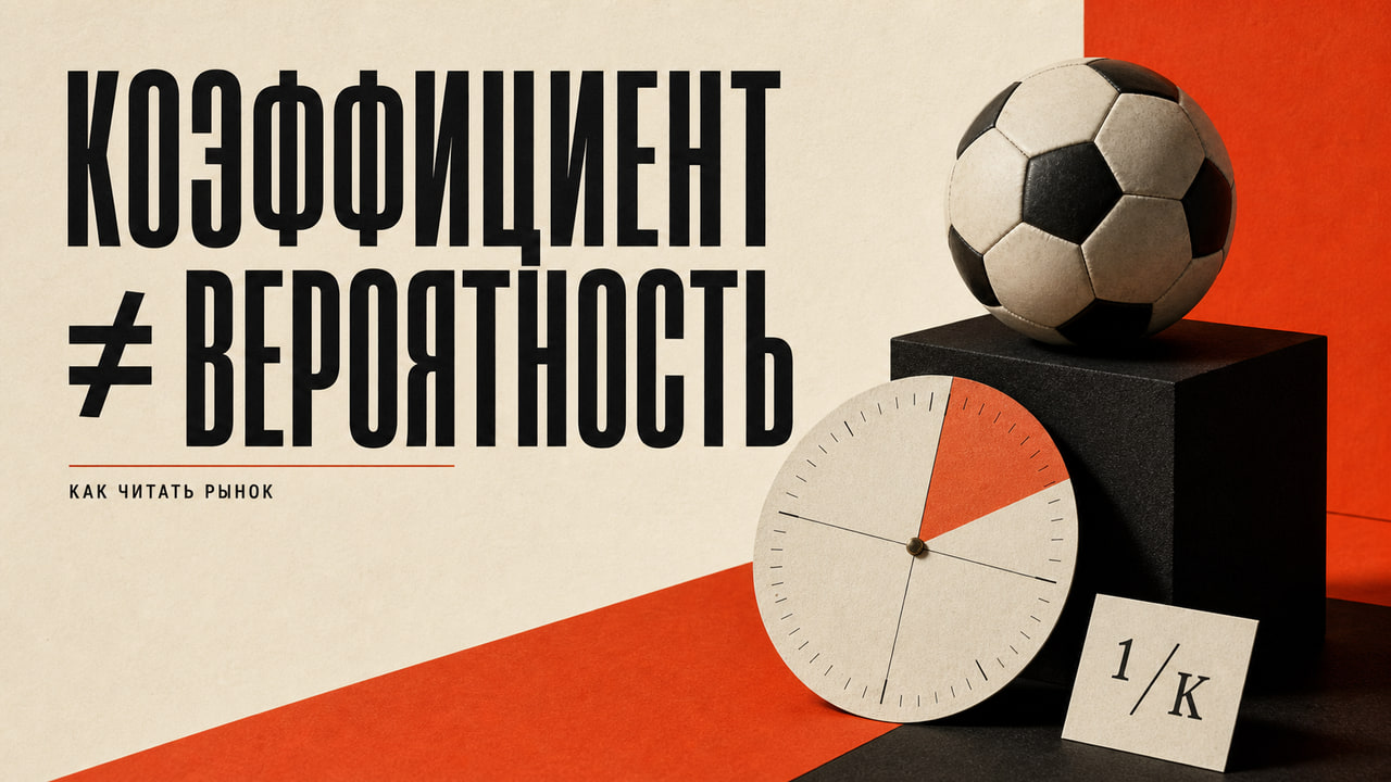 Редакционная обложка о различии коэффициента и вероятности с футбольным мячом и шкалой