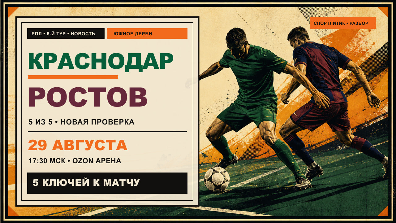 Редакционная обложка южного дерби «Краснодар» — «Ростов» 29 августа с двумя силуэтами футболистов, жарким солнцем и отметкой пяти ключей к матчу
