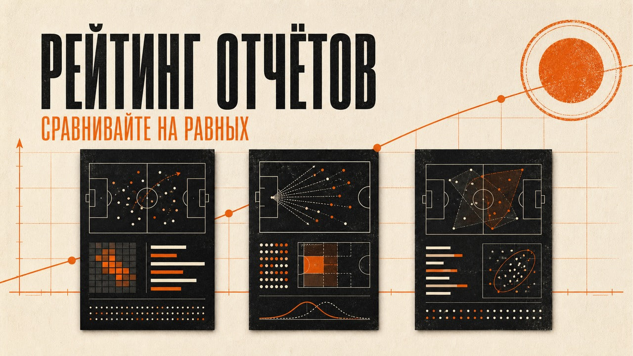 Редакционная обложка рейтинга футбольных прогнозов с карточками отчётов, общей шкалой и оранжевой отметкой проверки