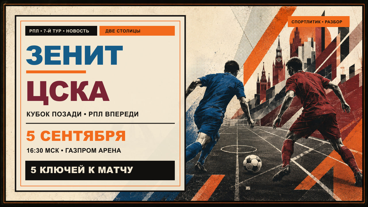 Редакционная обложка матча «Зенит» — ЦСКА 5 сентября: два футболиста в синей и красной форме на фоне разводного моста и московской геометрии