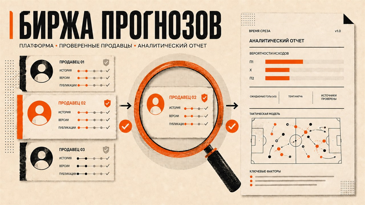 Редакционная иллюстрация биржи футбольных прогнозов с карточками продавцов, лупой и проверяемым отчётом