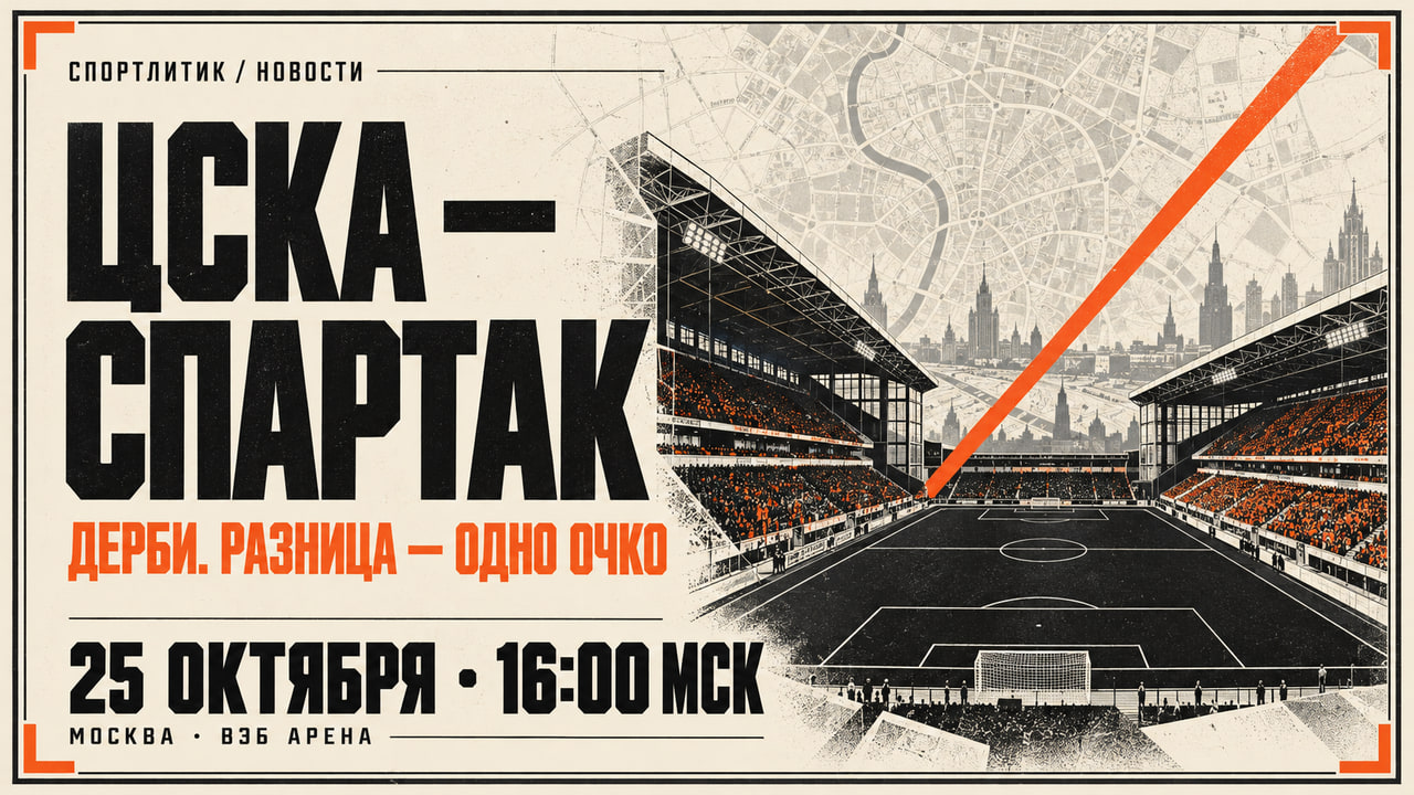 Афиша дерби ЦСКА — «Спартак» 25 октября в 16:00 МСК на «ВЭБ Арене»: крупный заголовок, стадион и карта Москвы в чёрно-оранжевой рамке на кремовом фоне.